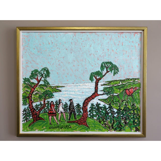 STROLL ABOVE THE BAY Size: 20.3 x 23.8 inches (including frame) Oil on Canvas A lively mid-century expressionist landscape...
