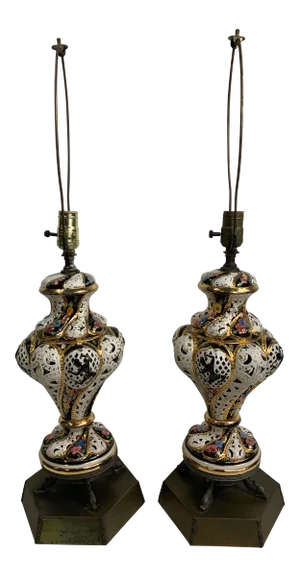 1950s Italian Capodimonte Painted Porcelain Dolphin Brass Base Table Lamps - a Pair