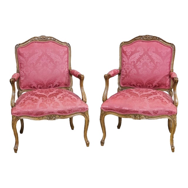 Pair of Late 20th Century Provincial French Country Walnut Carved Arm Chairs Rose Silk Damask Fabric For Sale