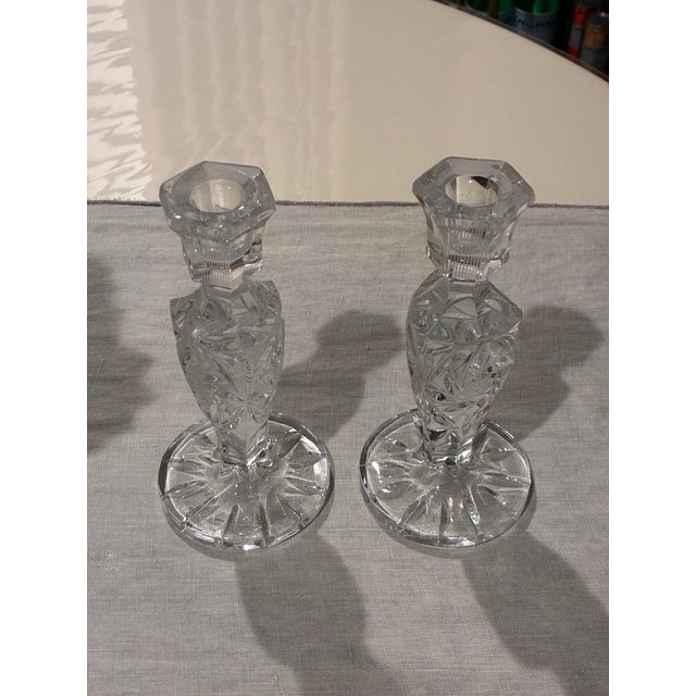 Vintage Crystal Candle Stick Holders Etched Hobstar with genuine universal crystal bobeche inserts.