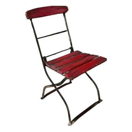 French Red Slatted Outdoor Folding Chair, 1950s For Sale