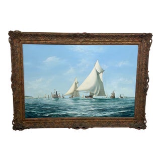 Large Nautical Oil Painting America's Cup 1881: Mischief and Atalanta Signed by John Bentham-Dinsdale (1927–2008) Framed For Sale