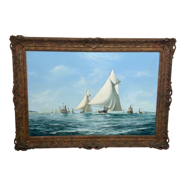 Large Nautical Oil Painting America's Cup 1881: Mischief and Atalanta Signed by John Bentham-Dinsdale (1927–2008) Framed For Sale