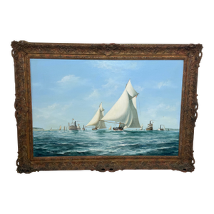 Large Nautical Oil Painting America's Cup 1881: Mischief and Atalanta Signed by John Bentham-Dinsdale (1927–2008) Framed