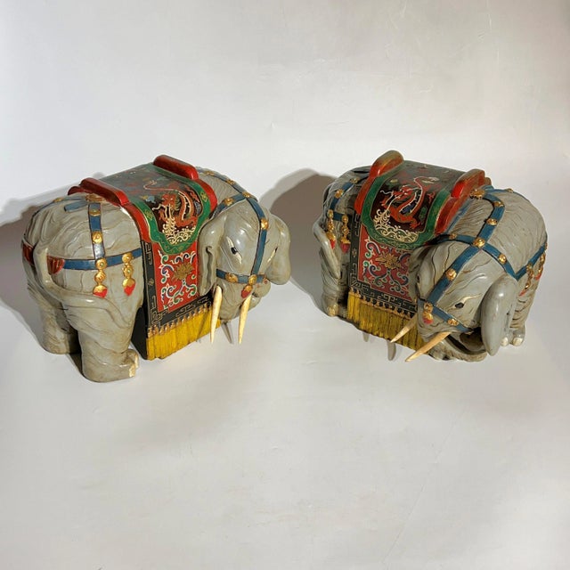 Figurative Vintage Oriental Polychrome Wooden Elephant Figures - A Pair For Sale - Image 3 of 12