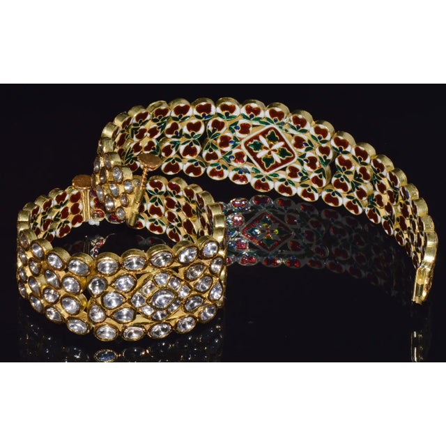 Estate 22K 18K solid gold bangle bracelet pair studded with large primitive cut polki diamonds. These bracelets have 42CTS...