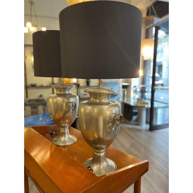 Pewter Table Lamps with Large Black Lampshades, 1970, Set of 2 For Sale - Image 12 of 18