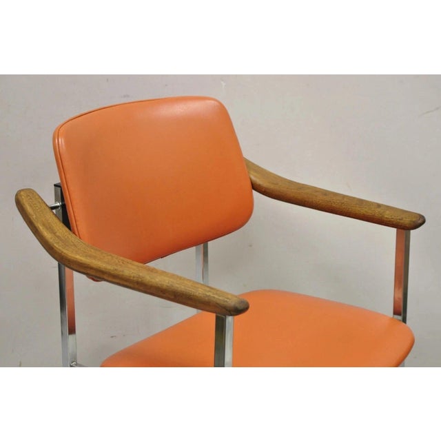 Vintage Mid Century Modern Orange Chrome Frame Sloped Wood Arm Side Desk Chair For Sale - Image 11 of 12