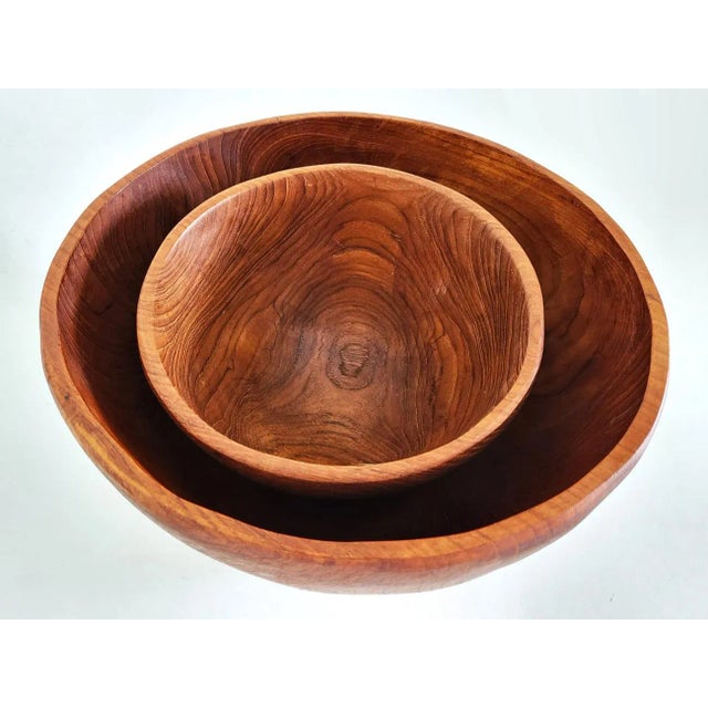 1960s Hand Turned Teak Wood Nesting Bowls, Set of 2 For Sale - Image 9 of 11