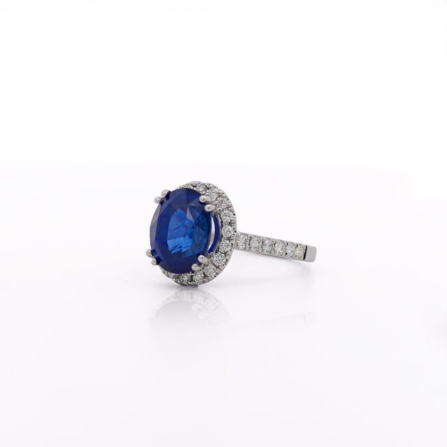 Gia Certified 6.01 Carat Sapphire & Diamond in Halo Engagement Ring, Size 7 For Sale - Image 4 of 10