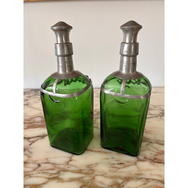 Vintage Green Glass Decanters With Pewter Cage and Stopper - Pair For Sale - Image 4 of 9