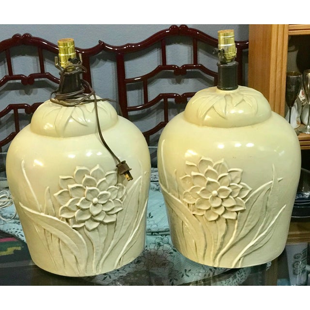 Set of 2 Large mid century ceramic lamps. Color light yellow.