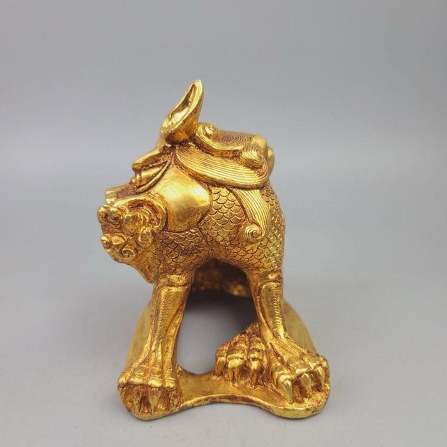 Late 20th Century Gilt Bronze Qilin Paperweight – 3.9" Mythical Beast Sculpture With Scale Detail For Sale - Image 5 of 9