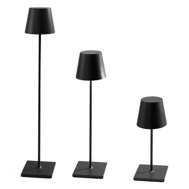 Battery-operated, rechargeable, and height adjustable portable floor and/or table lamp. The lamp features dimming touch...