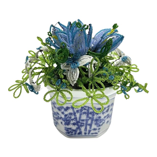 Vintage French Beaded Flower Arrangement – Blue Beaded Floral in Porcelain Cachepot For Sale
