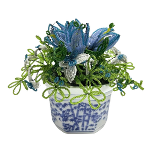 Vintage French Beaded Flower Arrangement – Blue Beaded Floral in Porcelain Cachepot