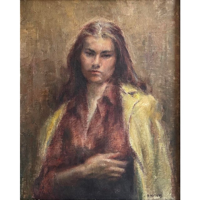 Impressionist Vintage Original Oil Painting on Canvas Portrait of a Woman Signed Mathews For Sale - Image 3 of 7