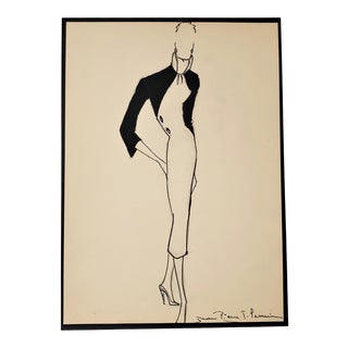 1950 Mid-Century French Original Fashion Drawing in Gouache, Matted For Sale