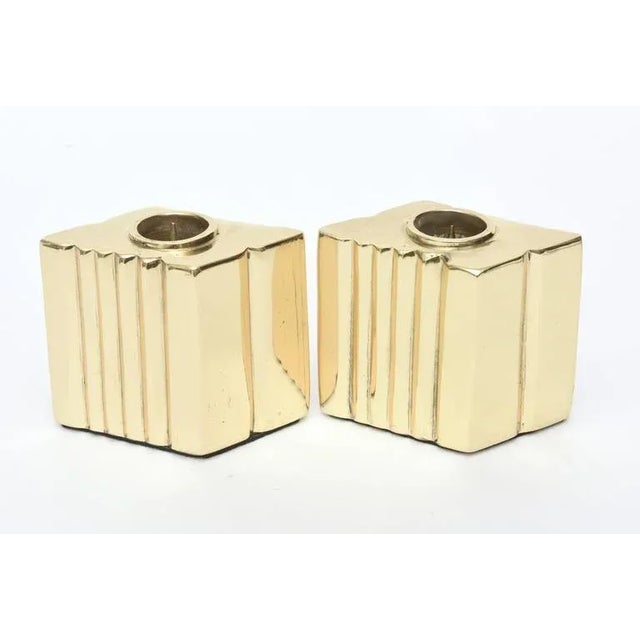 Mid-Century Modern Vintage Brass Sculptural Diamond Shaped Candlesticks Pair Of, 1970's For Sale - Image 3 of 11