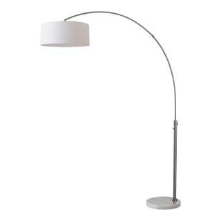 1960s Mid Century 1-Light Float Floor Lamp - 92" Arc Lamp, Black Nickel, White Linen Drum Shade, White Marble Base, Dimmable, Reading Nook For Sale