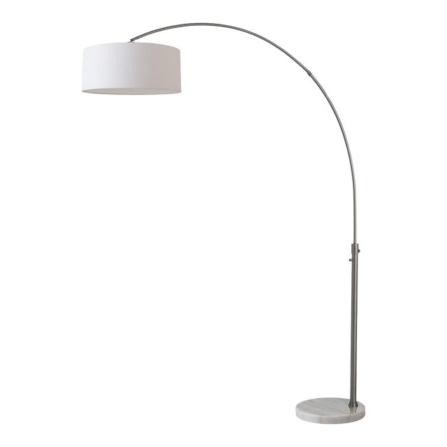 1960s Mid Century 1-Light Float Floor Lamp - 92" Arc Lamp, Black Nickel, White Linen Drum Shade, White Marble Base, Dimmable, Reading Nook For Sale