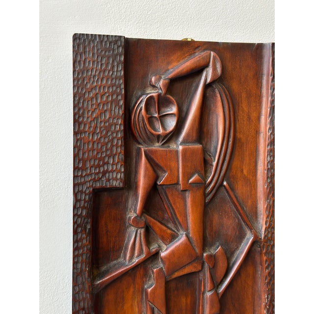 Brown Vintage Cubist Carved Bas Relief Portrait, Circa 1940s For Sale - Image 8 of 12