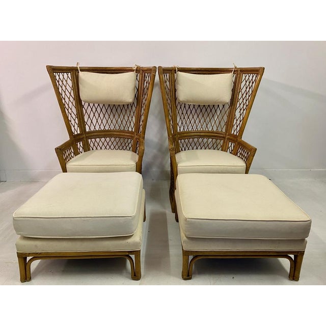 High Back Bamboo Chairs with Ottomans, 1980s, Set of 4 For Sale - Image 16 of 18