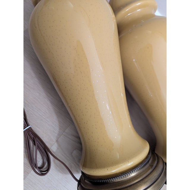 Mid Century Yellow Ceramic Lamp Pair Ginger Jar Style For Sale - Image 9 of 11