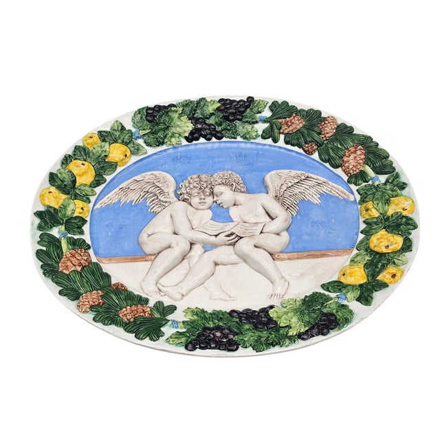 Italian Della Robbia Style Angels Oval Wall Platter 19.5" Glazed Relief Fruit For Sale - Image 14 of 14
