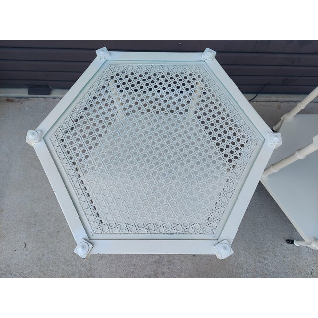Off-white Vintage Pair of Faux Bamboo Hexagonal End Tables With Caned Tops and Glass Over Caning. For Sale - Image 8 of 10