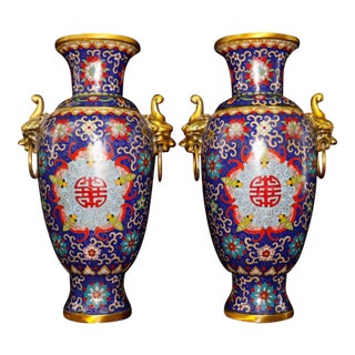 Pair of Chinese Cloisonné Vases | Gilt Bronze Handles & Taotie Mask Motif For Sale