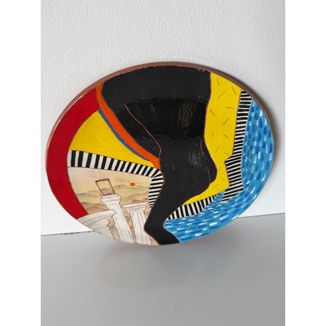 Ink Blue 1980s Lois Barton Hand-Painted Figurative Modernist Art Ceramic Decorative Plate For Sale - Image 8 of 10