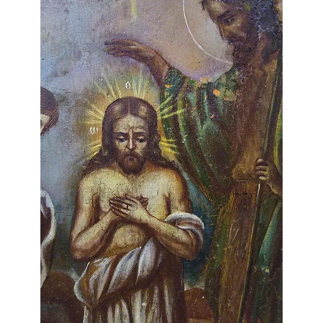 Blue 19th Century Orthodox Icon Saint John Christening Jesus, 1860 For Sale - Image 8 of 14