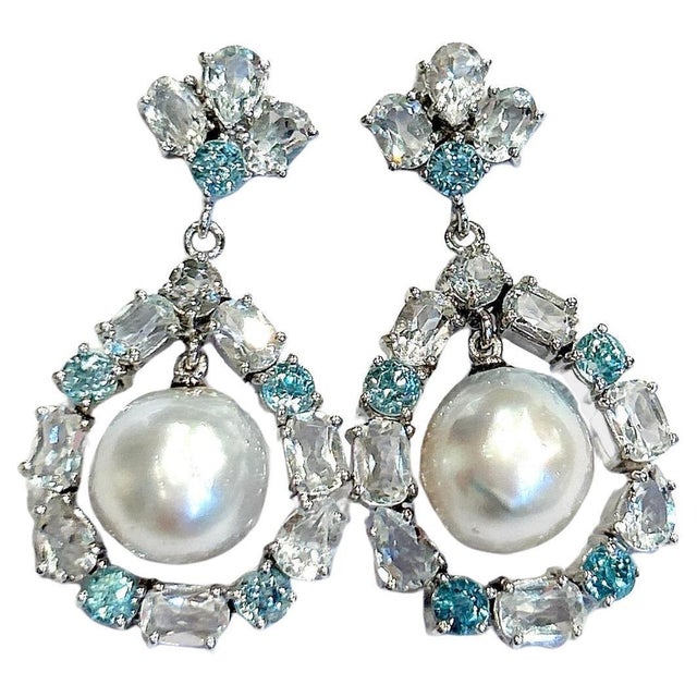 Bochic "Orient" Vintage Topaz & White Pearls Earrings Set 18K Gold & Silver For Sale - Image 10 of 18