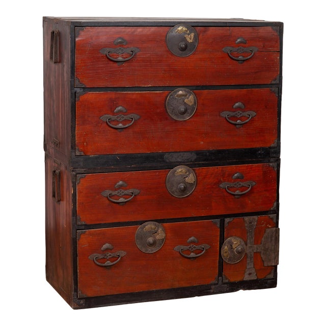 Japanese Meiji Period TwoPart Tansu Clothing Chest with Butterfly