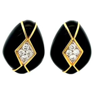 Charles Turi 1980s 18K Yellow Gold Onyx and Diamond Clip-On Earrings