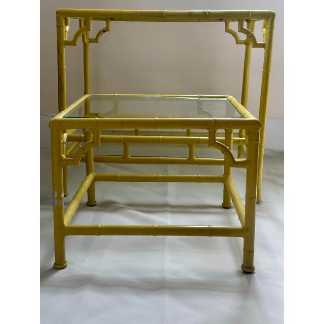 1950s Pair of Vintage Meadowcraft Palm Beach Style Faux Bamboo Side Tables in a Custom Canary Yellow For Sale - Image 5 of 9