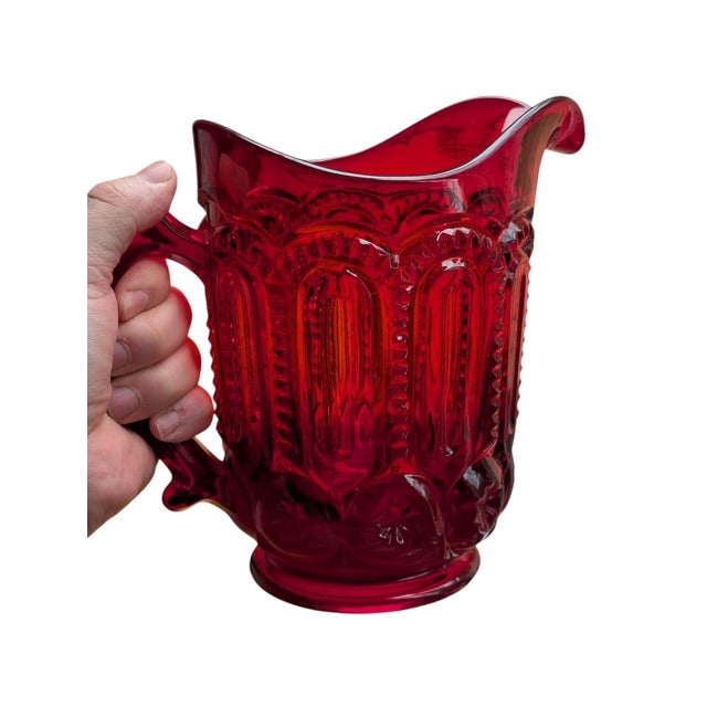 Mid 20th Century Mid Century Modern l.e. Smith Ruby Red Glass Pitcher & Cup Goblet Set Moon and Stars Pattern - Set of 9 For Sale - Image 4 of 10
