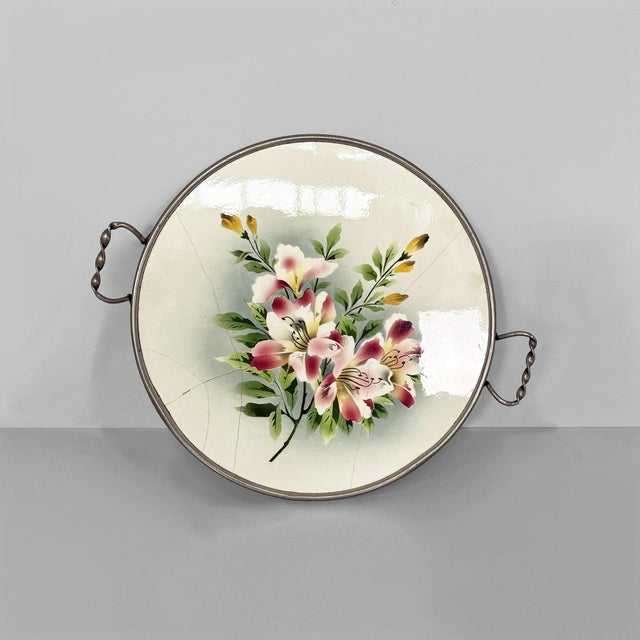 Italian Art Deco tray with flowers in ceramic and metal, 1920s Round serving tray with a ceramic surface and pierced edge,...