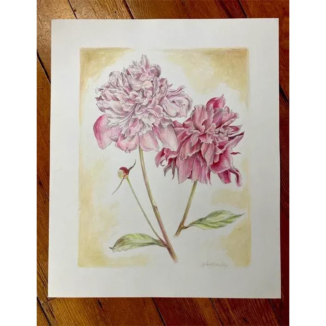 Paper Vintage Style Floral, Peonies Original Mixed Media Drawing by Kathleen Ney For Sale - Image 7 of 9