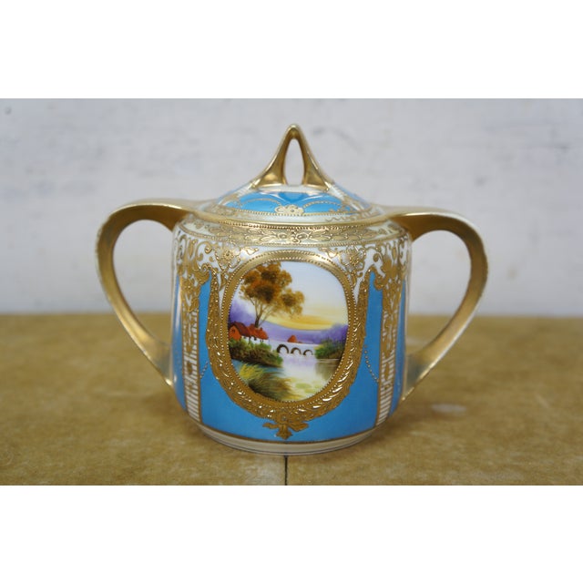 Antique Noritake Turquoise Blue & Gold Lidded Sugar Bowl W/ Spoon For Sale - Image 12 of 18