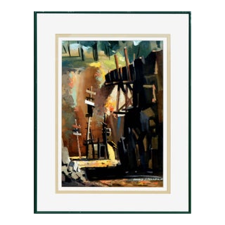 Mid Century Modern Boats and Bridge, Abstracted Maritime Landscape Painting by Donald J. Phillips For Sale