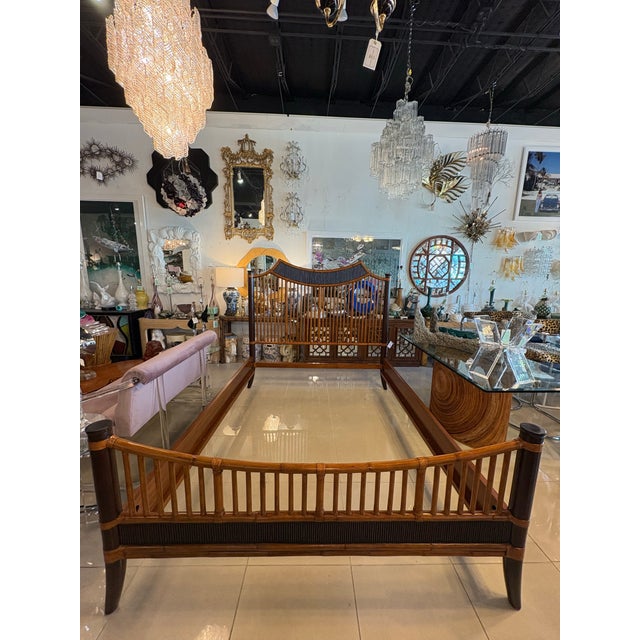 Brown Vintage Bamboo Rattan Pagoda Queen Size Bed Headboard Footboard Frame Set For Sale - Image 8 of 12