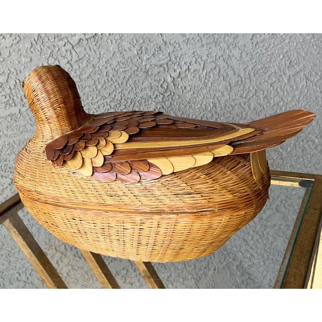 Circa 1970/1980 Finely Handcrafted Lacquered Rattan & Bamboo Decorative Duck Storage Basket For Sale - Image 4 of 12