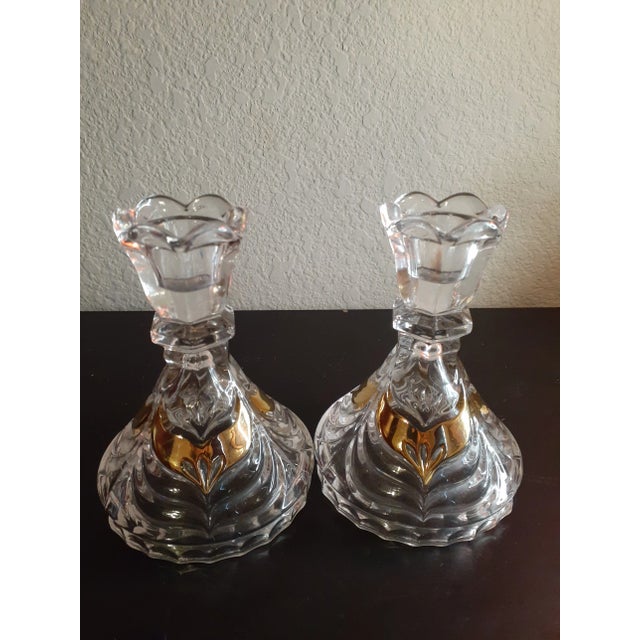 1970s Crystal Gold Tone Banding Candlestick Holders - Set of 2 For Sale In Dallas - Image 6 of 7