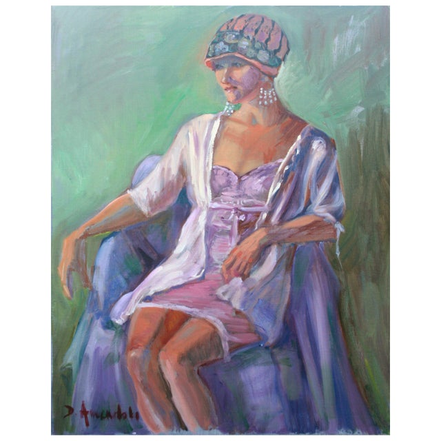 Portrait of a Woman in Purple - Parisian Art Deco Female Figurative Colorful and quirky art deco style figure painting of...