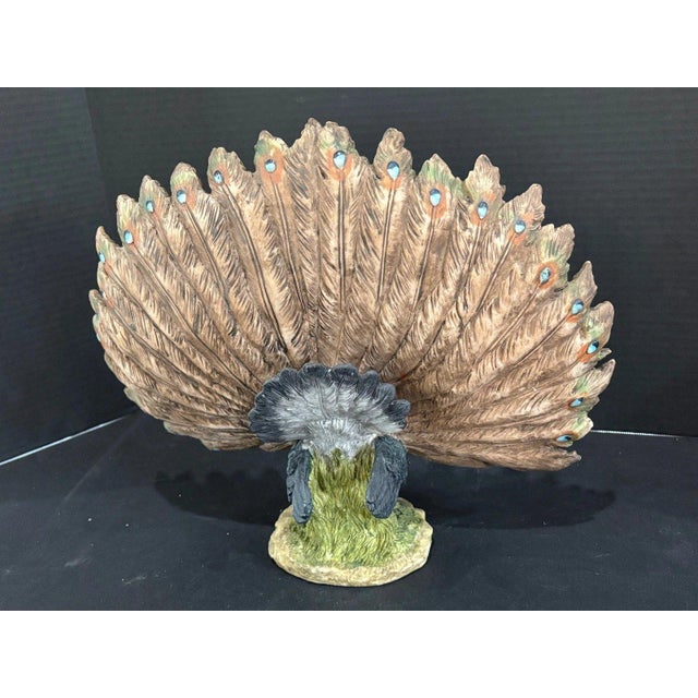 Brown Peacock Wheel Open Statue Handmade Artwork Wildlife Bird Sculpture Decor For Sale - Image 8 of 9