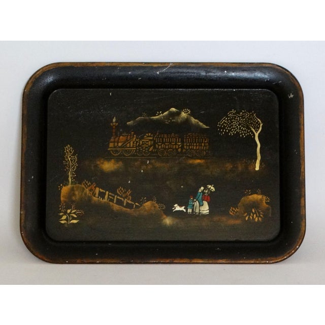 Antique English Chinoiserie Hand Stenciled Tole Serving Tray For Sale - Image 4 of 9
