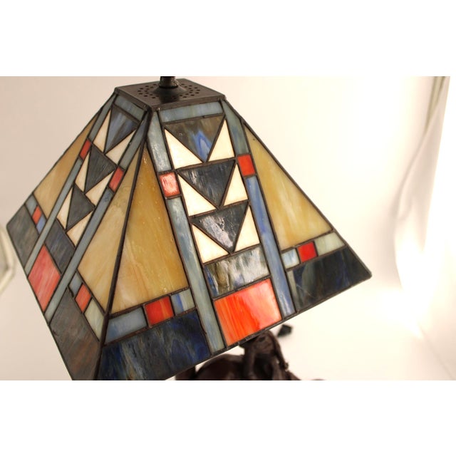 Remington Bronze "The Outlaw" Table Lamp W/ Stained Glass Shade in Mission Style For Sale - Image 9 of 13