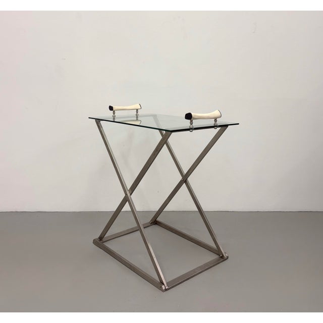 Late 20th Century Vintage Stainless Steel & Glass Serving Table With Horn Handles For Sale - Image 5 of 7